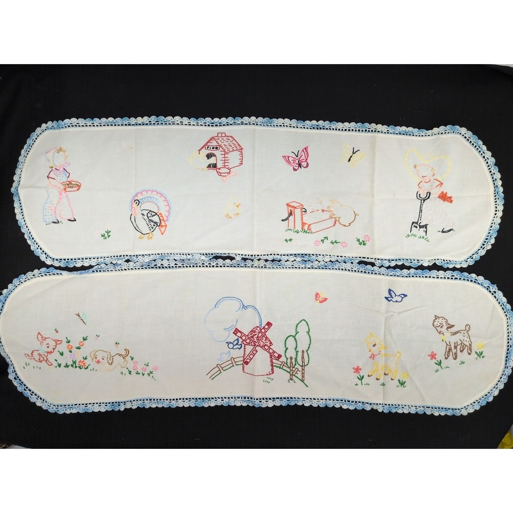 Pair VTG Handmade Embroidered Table Runner Farmhouse Farm Animals Blue Crochet